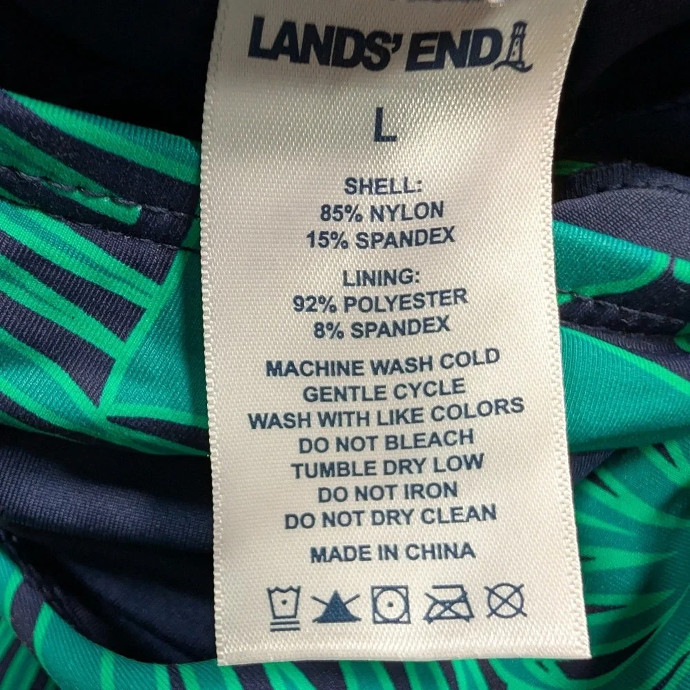 Lands' End Women Tropical Palm Print One Piece Swimsuit L Green Blue